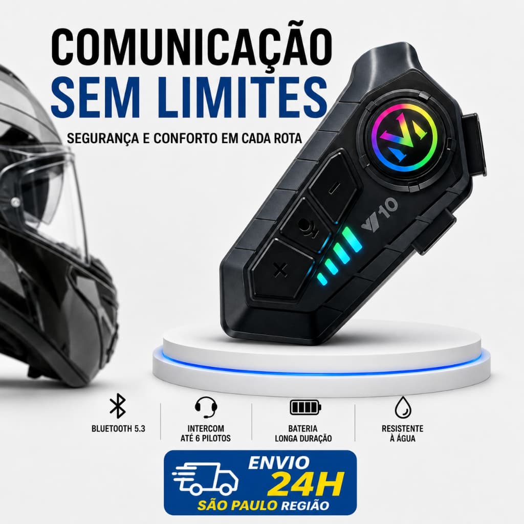 Intercomunicador Capacete Moto Bluetooth 5.3 V10 Fone de Ouvido com Microfone e Bateria Longa Duração