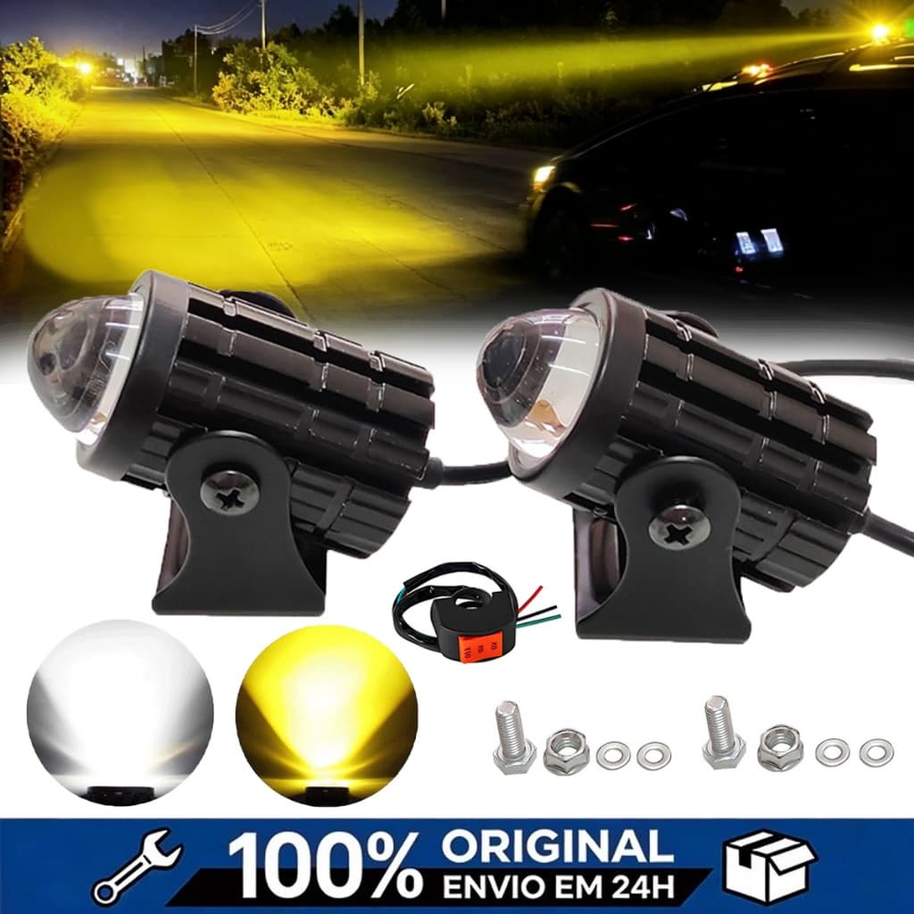 Kit 3 Par Farol Milha Moto Branco/Amarelo Led Auxiliar 60W com interruptor À prova d'água IP68