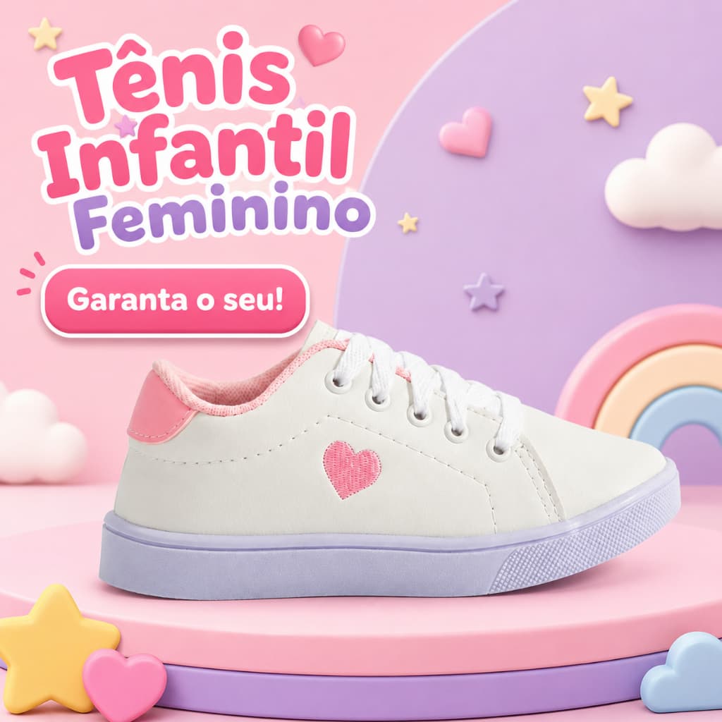 Tênis Infantil Menina Casual Escolar Coração Confortável Leve Resistente Original Para o Dia a Dia 25 ao 34