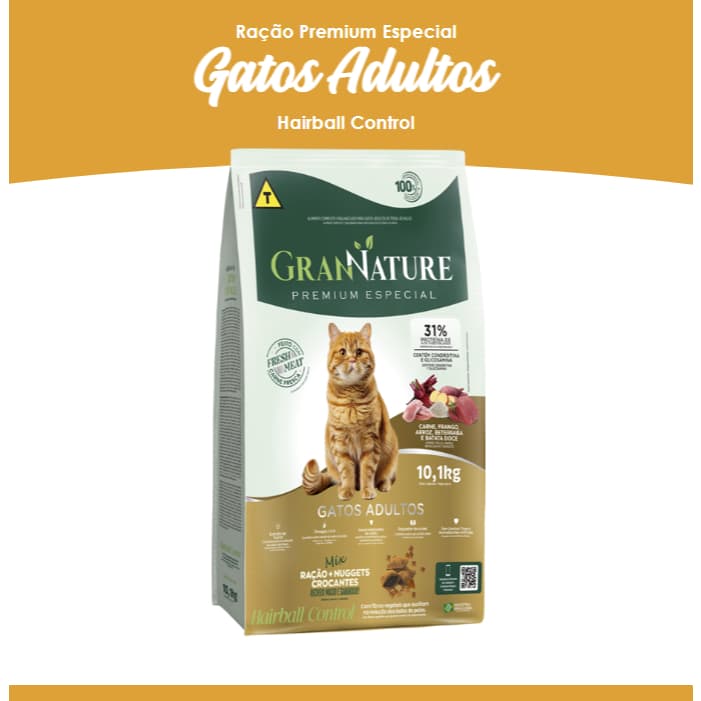 GRAN NATURE Premium Especial Ração + Nuggets Crocante Gatos Adultos Hairball Control Carne, Frango, Arroz, Beterraba