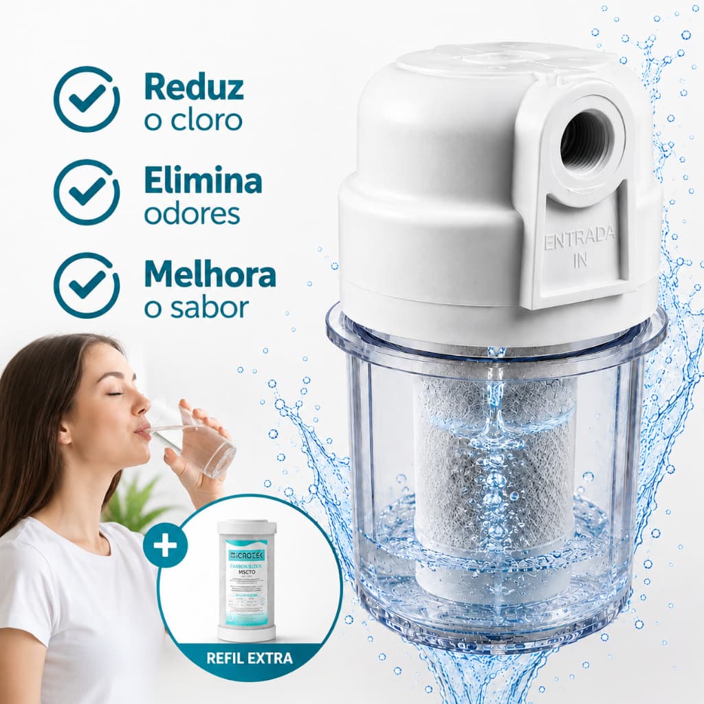 Filtro de Água Purificador Cozinha Remove Cloro Com Refil Reposição Carbon Block Carvão Ativado 5"