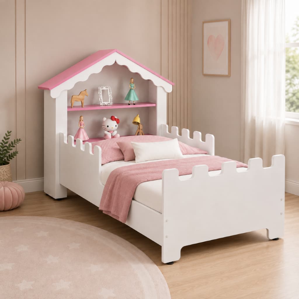 Cama Infantil Magia Casinha com Prateleiras em MDF Branca Rosa com Grades de Proteção