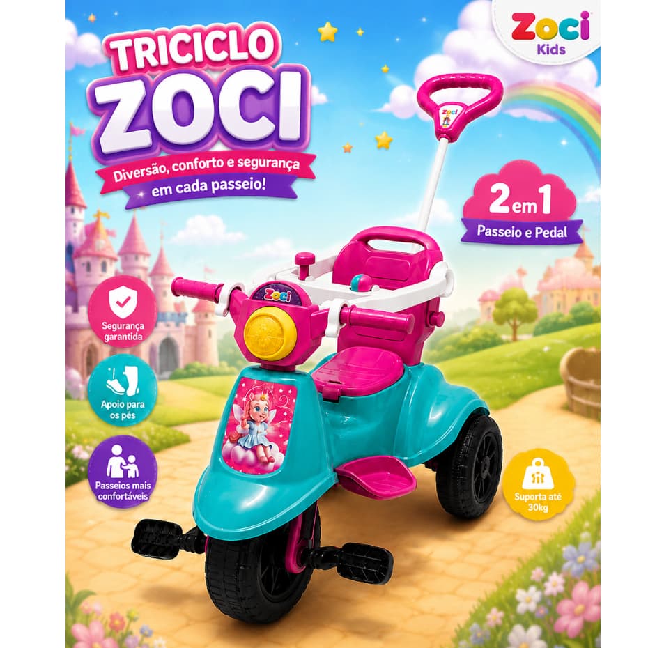 Carrinho De Passeio Triciclo Avespa Motoca Zociella C/ Pedal Apoio de Pé e Haste Empurrador Infantil