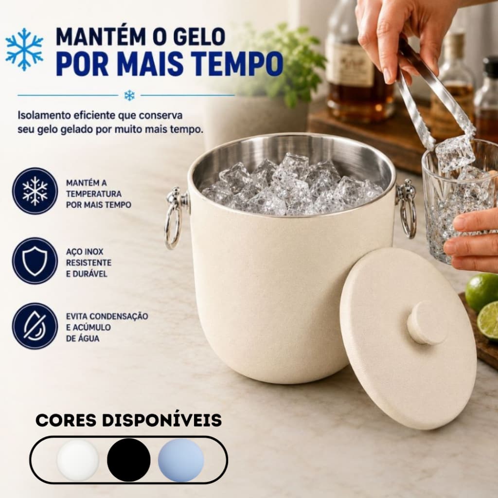 Balde de Gelo Com Tampa e Pegador 3 Litros Aço Inox Premium Acabamento Craquelado