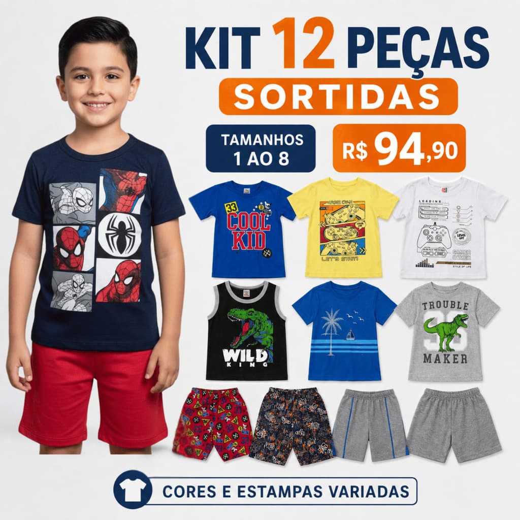 Kit 12 Peças Sortidas Infantil Menino 6 Camisetas + 6 Bermudas Tamanho 1 ao 8 Escola Festa Dia a dia