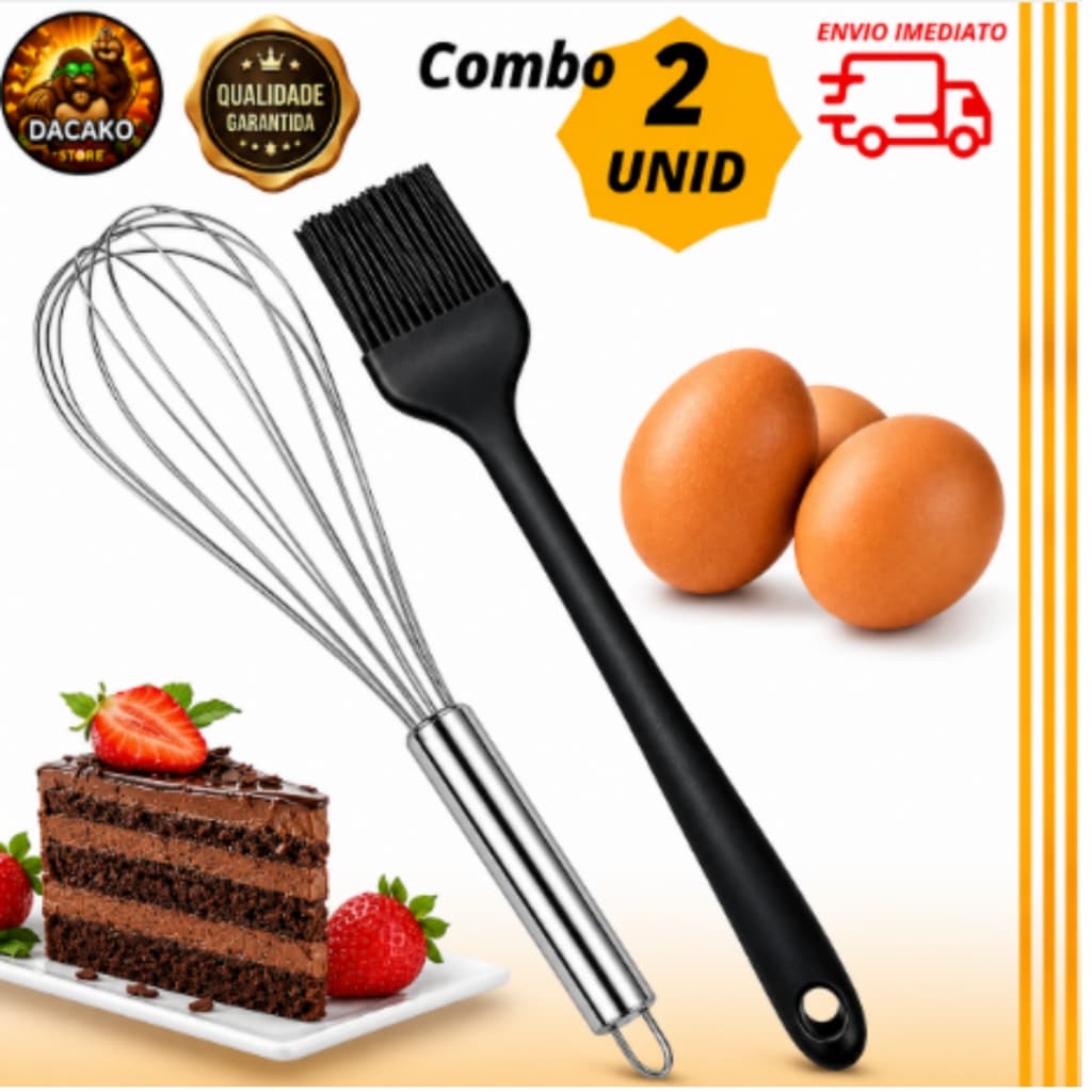 Combo Pincel Silicone Culinário e Batedor de Clara Fue Inox Cozinha Confeitaria Churrasco