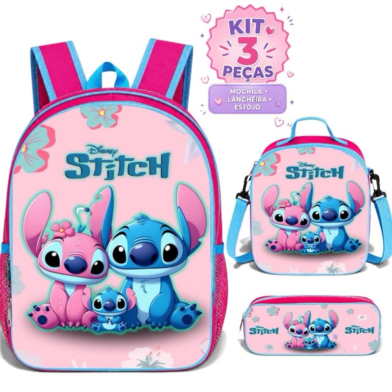 Mochila Infantil Escolar Stitch Lilo Menina Lancheira Térmica e Estojo