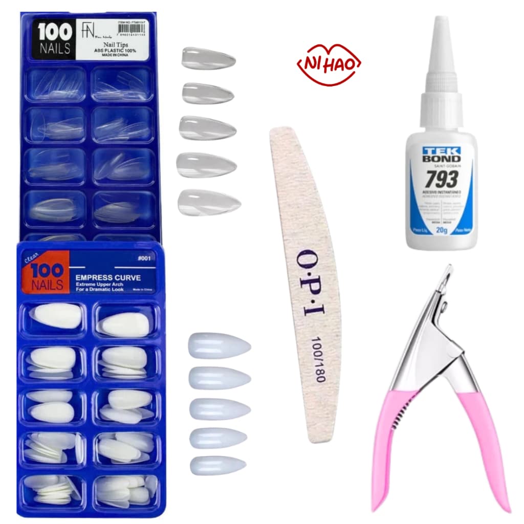 Kit Alongamento de Unha - Alicate + 100 Unhas amendoada + Cola Tekbond 793 + Lixa 100/180