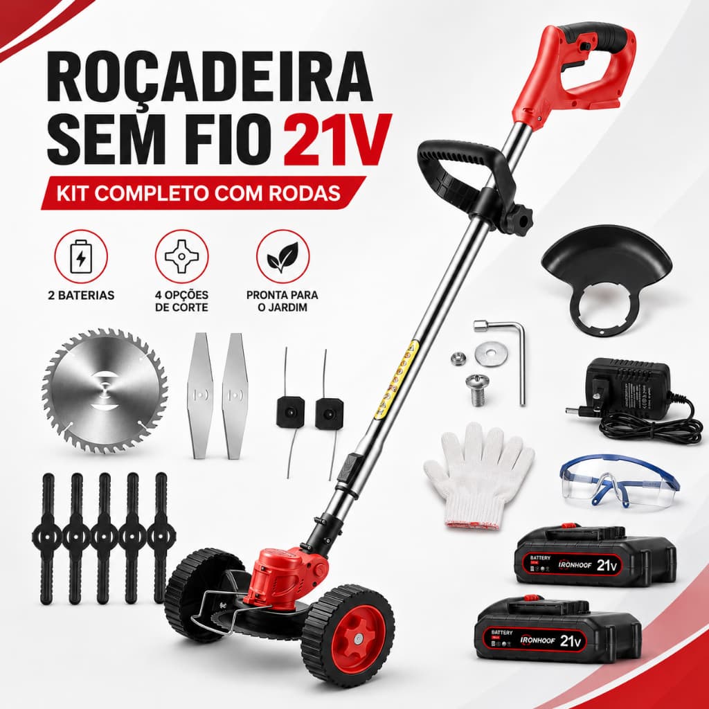Roçadeira Aparador de Grama Elétrico Recarregável Com Rodas 2 Baterias de Lítio kit completo