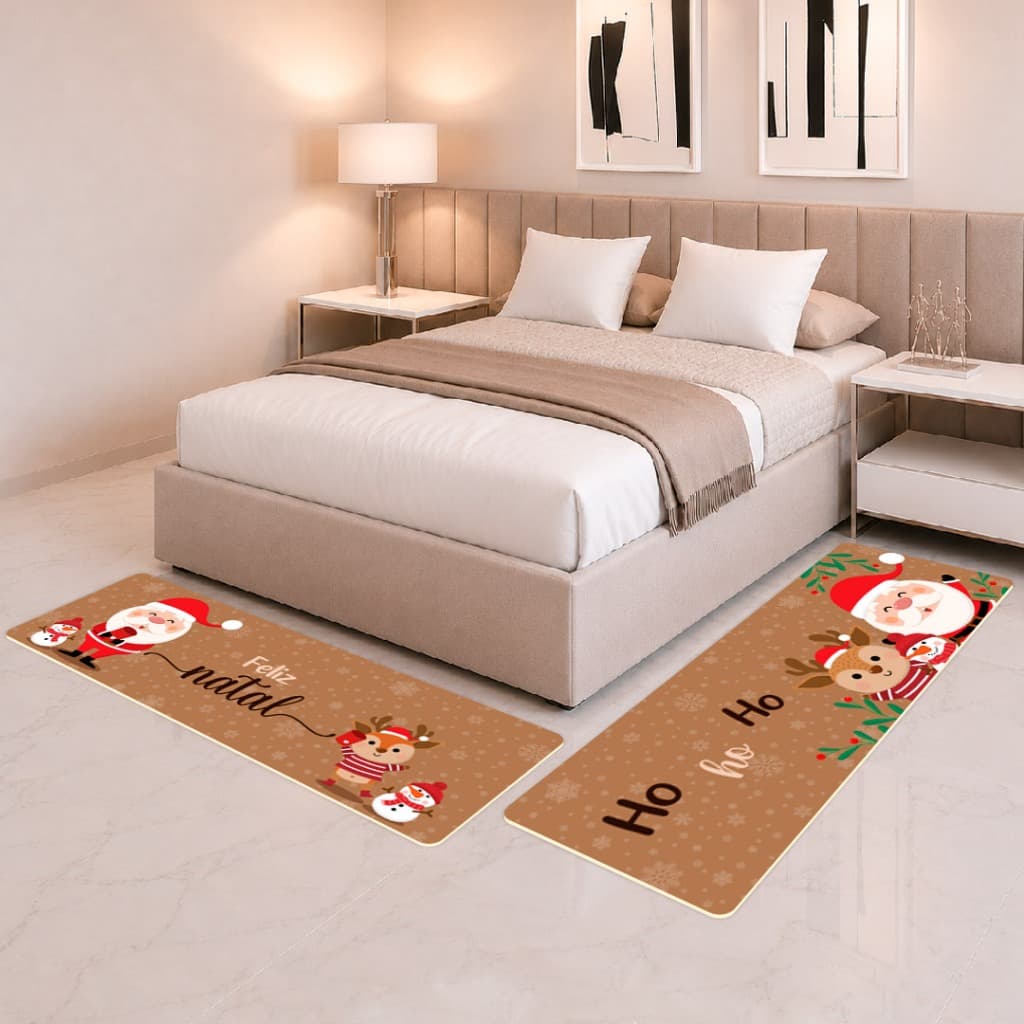 Passadeiras para Quarto Casal Natal Antiderrapante 2 peças Tapete Natalino Confort Papai Noel