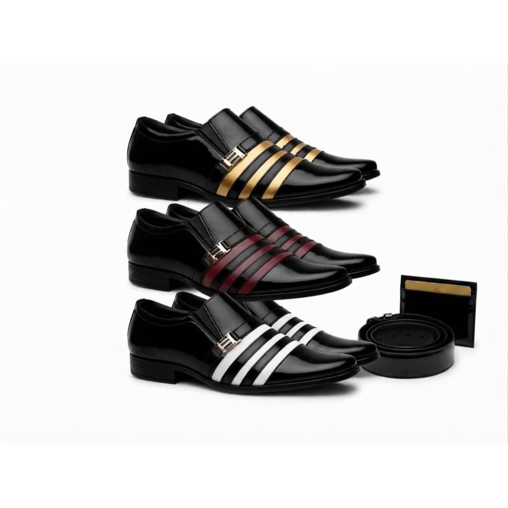 Kit 3 Pares de Sapato Social Masculino Verniz Luxo + Cinto e Carteira