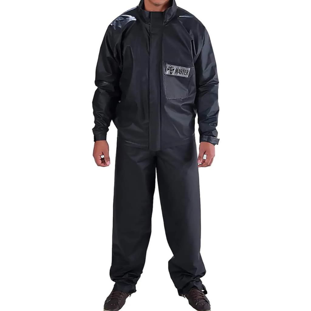 Capa De Chuva Conjunto Jaqueta Calça Motoqueiro PVC Napa Impermeável Motoboy Cor Preto Vinilseg