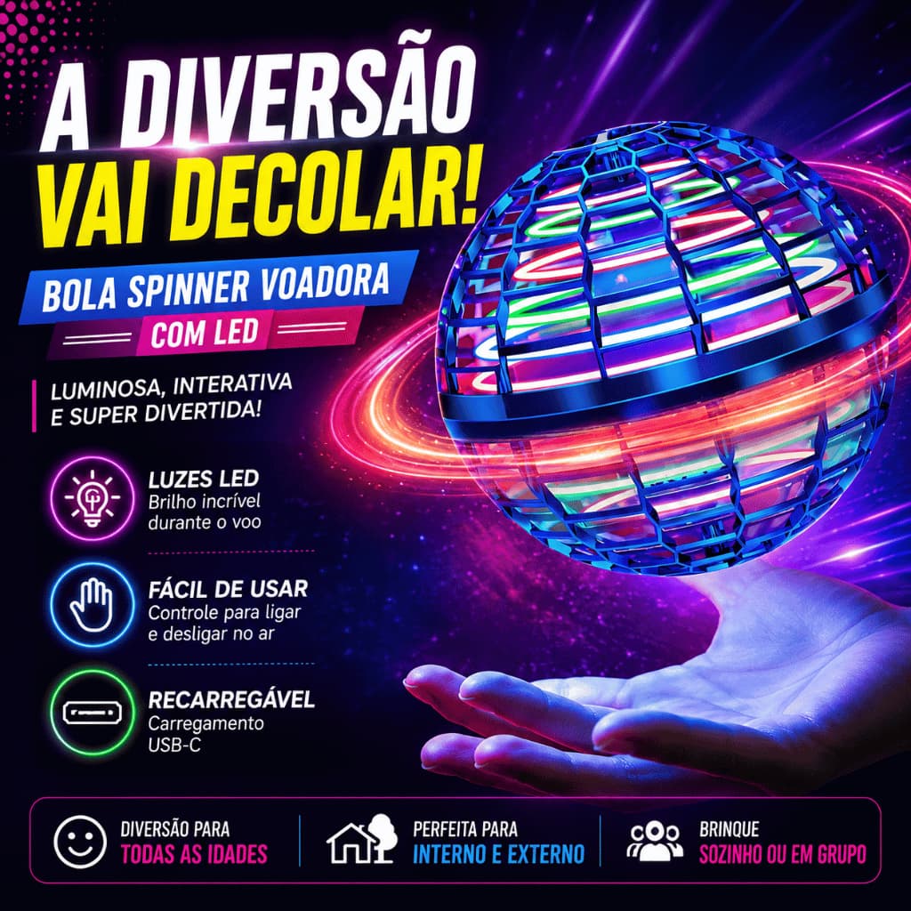 Bola Voadora Spinner Boomerang LED Fly Orb Flutuante Recarregável Brinquedo Interativo Infantil Cores Sortidas