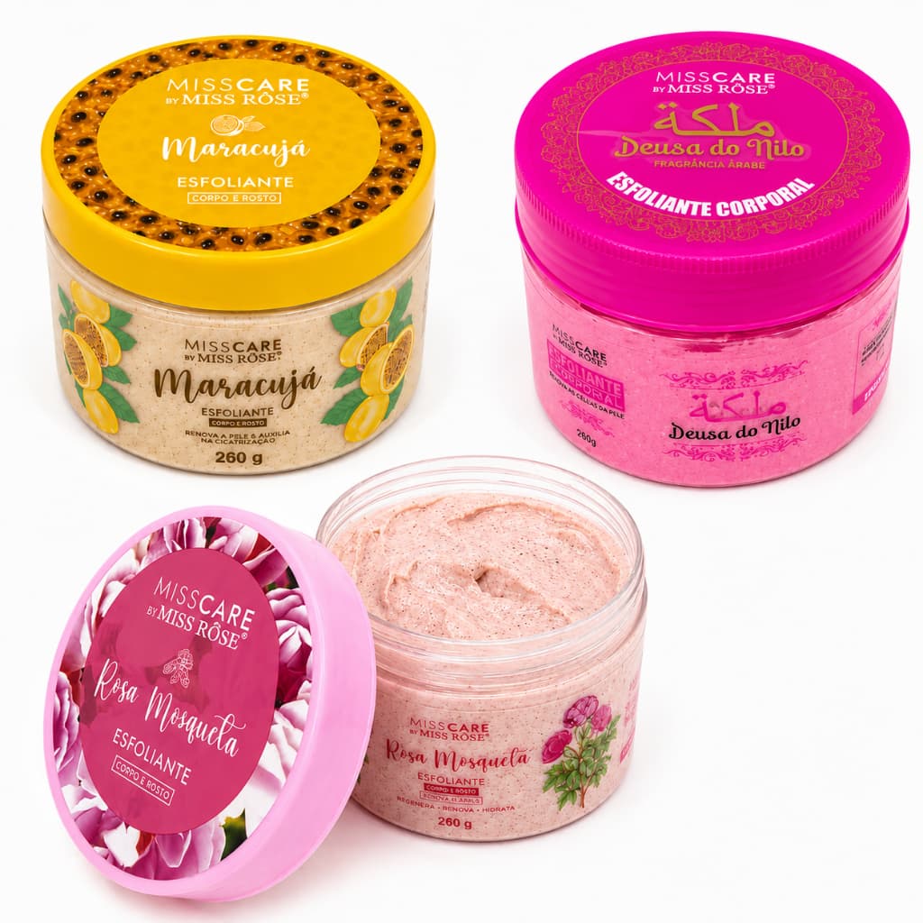 Creme Esfoliante Corporal Facial 280g Miss Care Miss Rose Rosa Mosqueta/ Maracujá/ Deusa do Nilo
