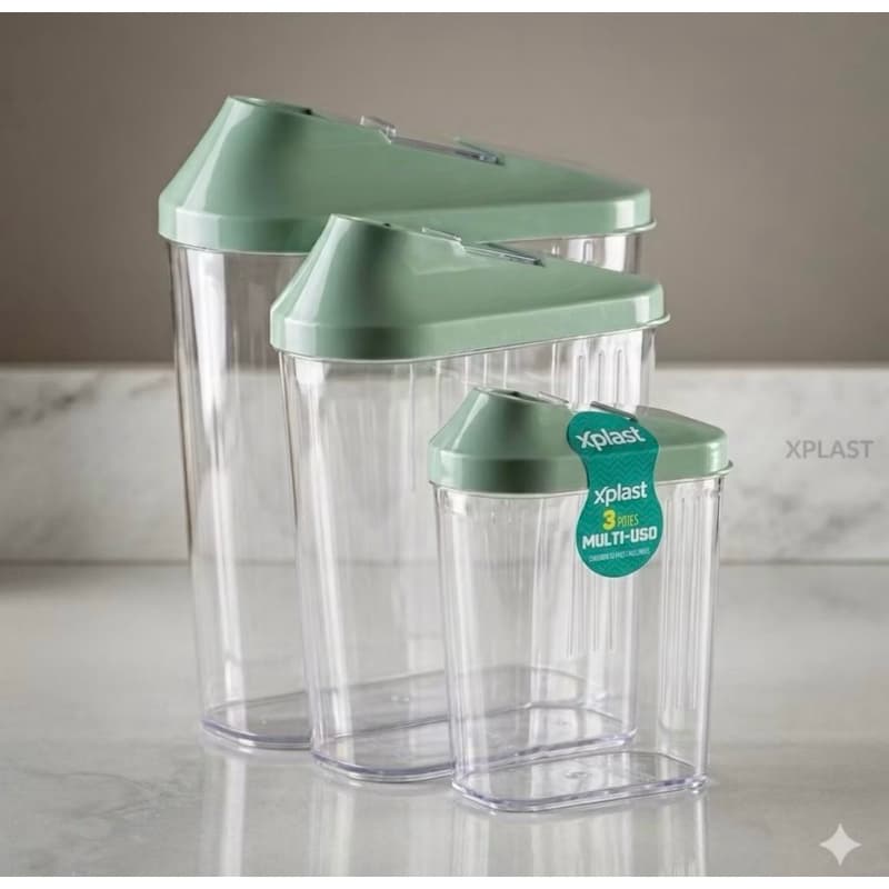 Kit 3 Potes Multiuso Acrílico Farinheiro Para Cozinha Lavanderia Organizador 1,45L 750ML 250ML