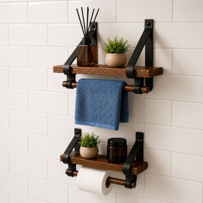 Prateleiras, porta-papel higiênico e porta-toalhas em madeira envelhecida para banheiro e cozinha.