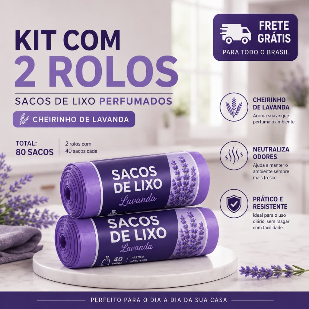 Kit 2 Saco de Lixo Perfumado Lavanda 80 Unidades Odores Sacos Resistente Fragrância Suave