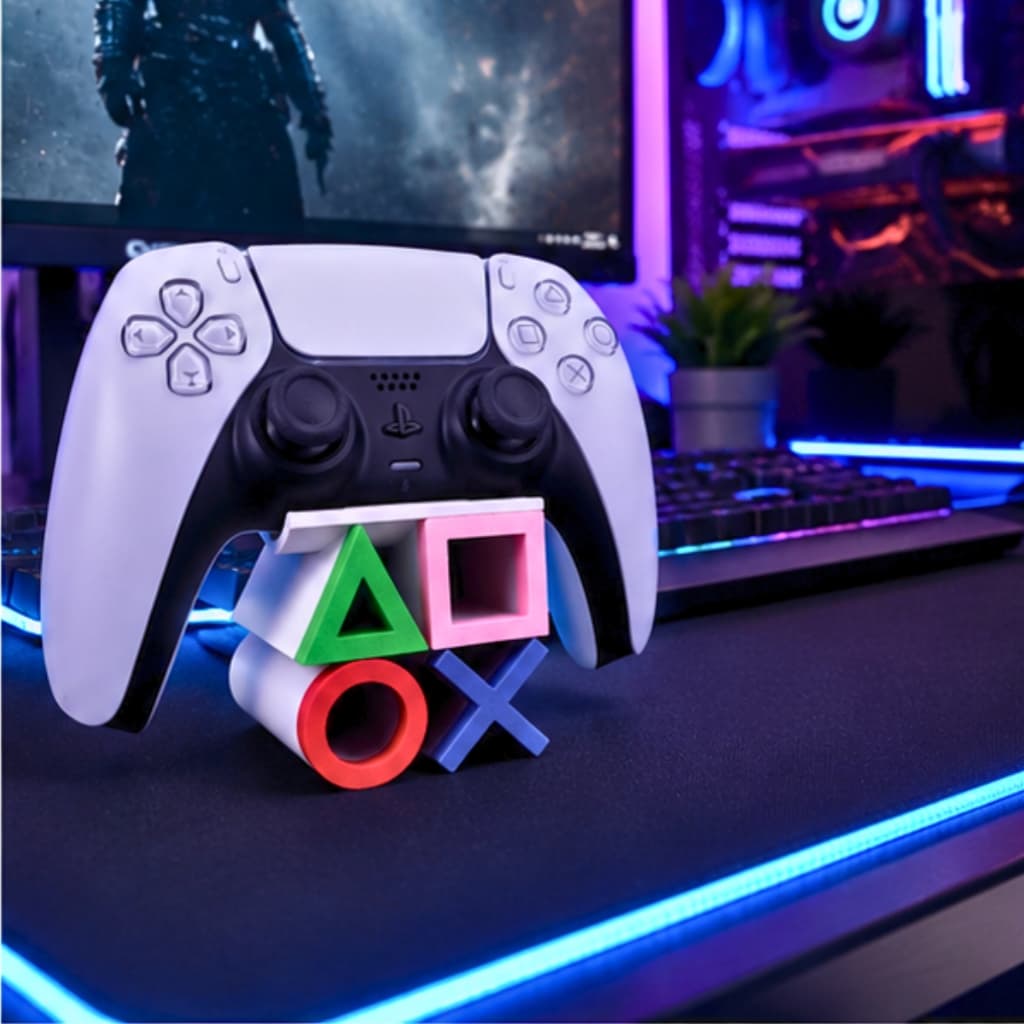 Suporte para Controle PS5, PS4 Base de Mesa Gamer Plástico Resistente Design com Símbolos Coloridos Branco ou Preto