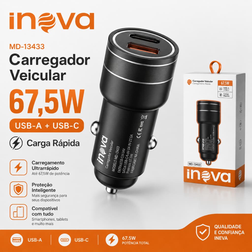 Carregador Veicular Inova 67,5W USB-C USB-A Carga Rápida