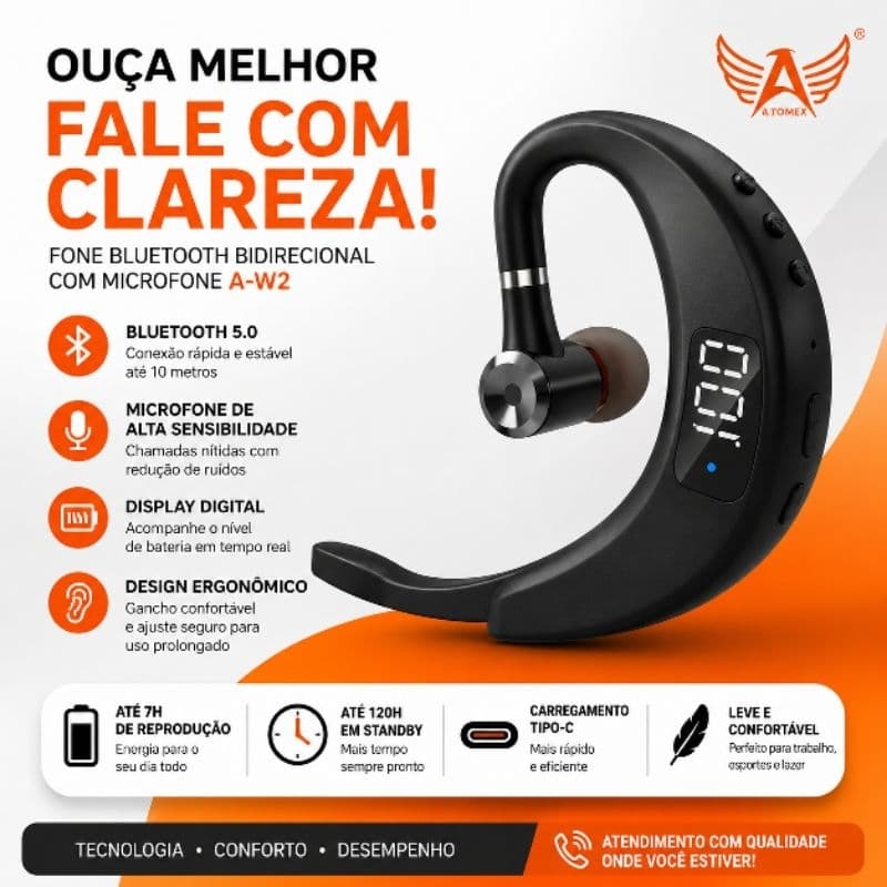 Fone Bluetooth com Microfone Altomex A-W2 Headset Sem Fio Display Digital Gancho de Orelha Bluetooth 5.0