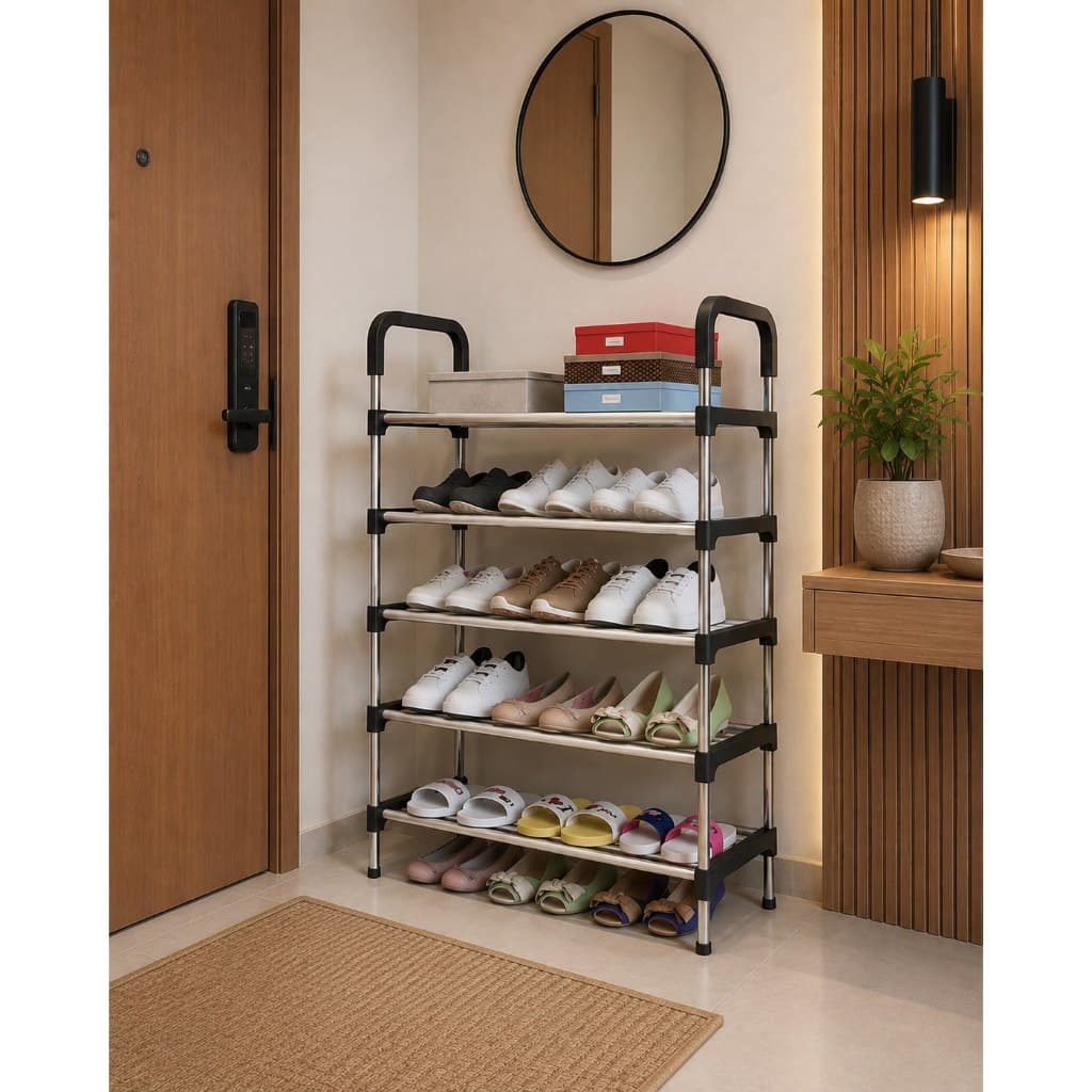 Sapateira 5 Prateleiras Organiza Casa Despensa Lavanderia Quarto Aço Reforçado Com Alça Moderna Compacta - 95x25x54cm
