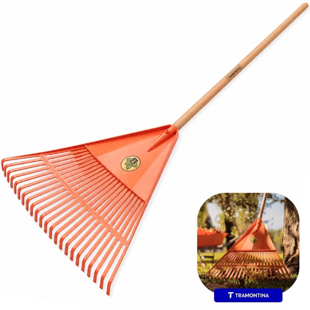 Vassoura Rastelo Plástica 22 Dentes Tramontina - Com ou Sem Cabo de Madeira 110cm - Laranja