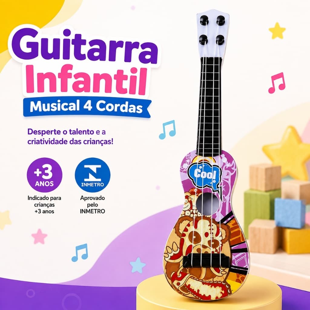 Guitarra Infantil Musical 4 Cordas Brinquedo Educativo Colorida Crianças +3 Anos Com Certificação Inmetro
