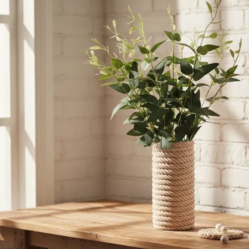 Vaso Corda Boho (Plástico) com Planta Artificial para Sala Mesa Aparador 21cm