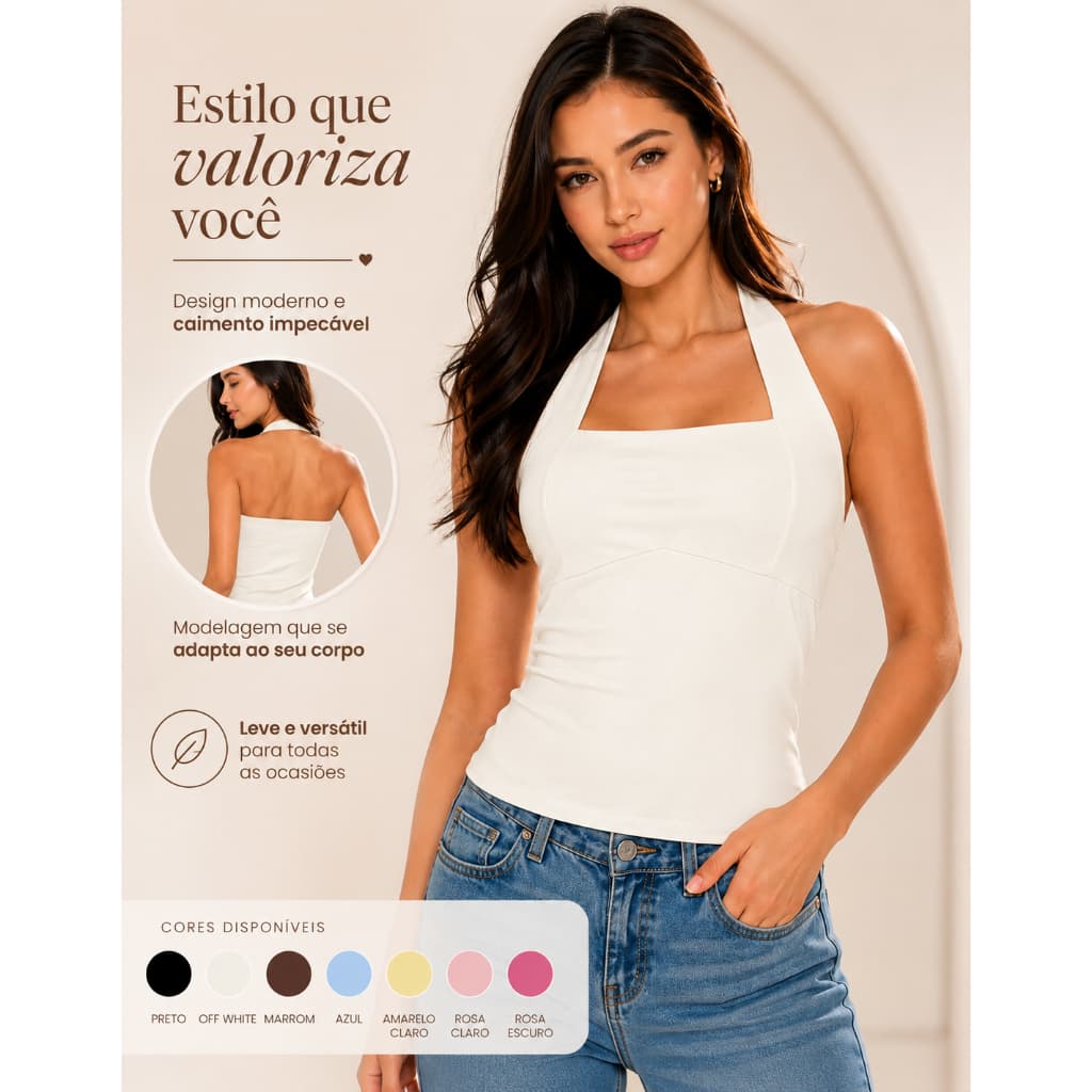 Blusa Halter Feminina Frente Unica Top Regata Costa Nua Poliamida Moda Verão Tendencia