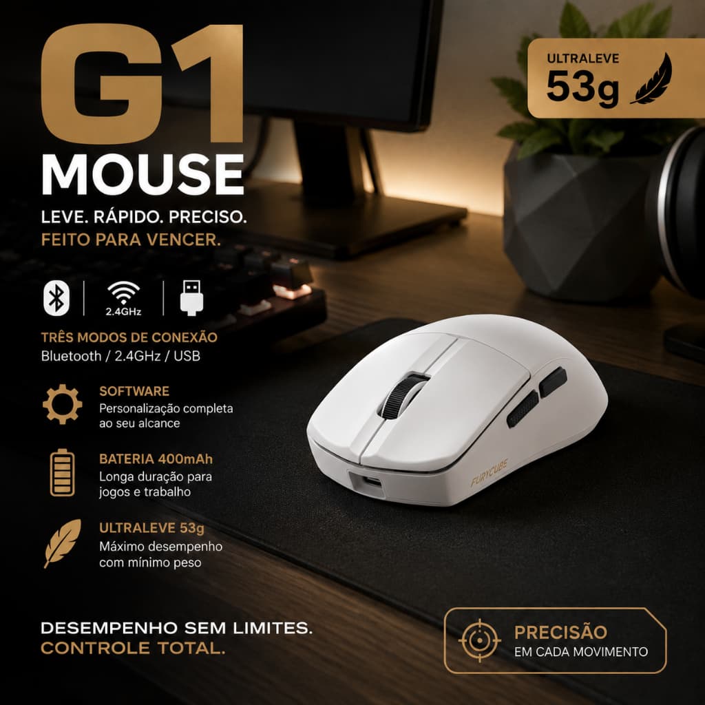 FURYCUBE G1 lightweight Mouse sem fio Bluetooth USB 2.4G 53g 10000DPI notebook PC Laptop Escritório Jogos Leves
