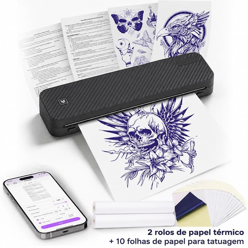 Impressora Térmica A4 Sem Tinta Bluetooth para Tatuagem Decalque Portátil Recarregável