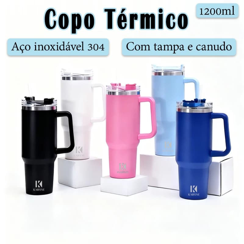 Copo Térmico Inox Portátil 1200ml/1,2L Garrafa Térmica Inoxidável com Tampa e Canudo