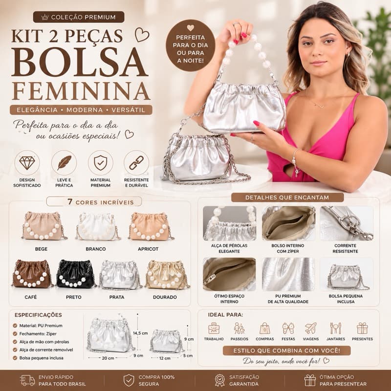 Bolsa Feminina de Ombro com Alça de Pérolas Elegante em PU Premium | Alça Longa 2493
