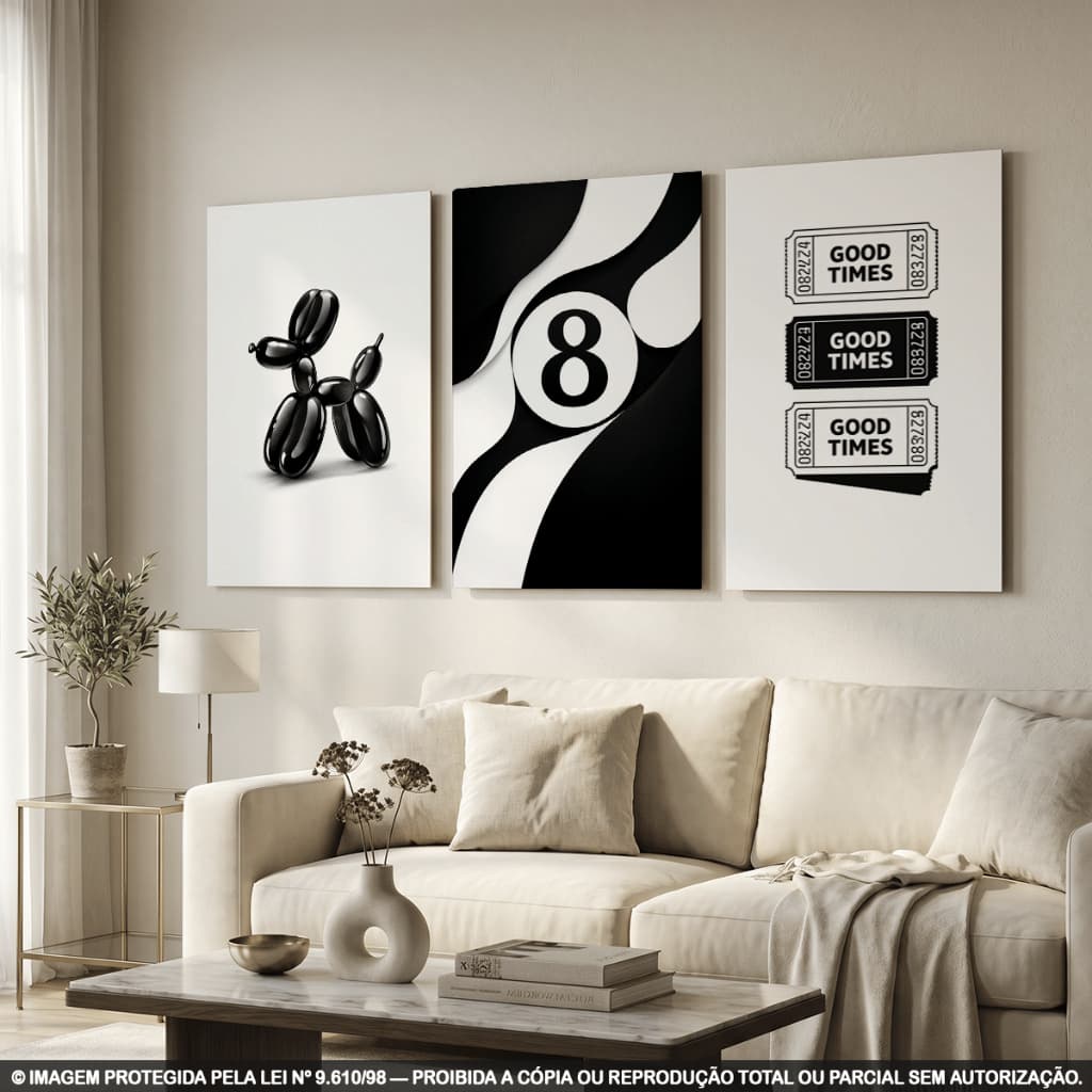 Kit 3 Quadros Decorativos Preto e Branco com Bola 8, Balloon Dog e Good Times