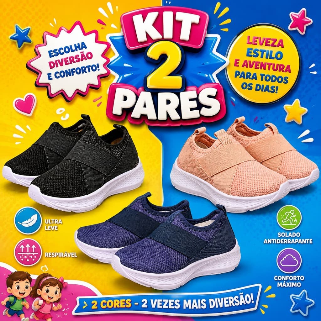 Kit 2 Pares Tênis Meia Infantil Menino Menina Leve Macio Respirável Calce Fácil Confortável Resistente