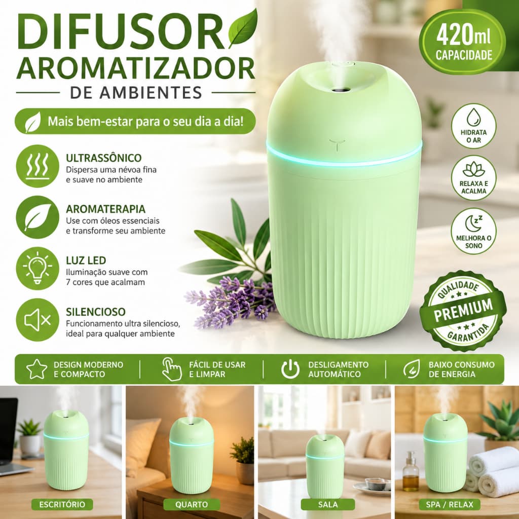 Difusor / Aromatizador de Ambientes  para Óleo Essencial Elétrico Led 7 cores