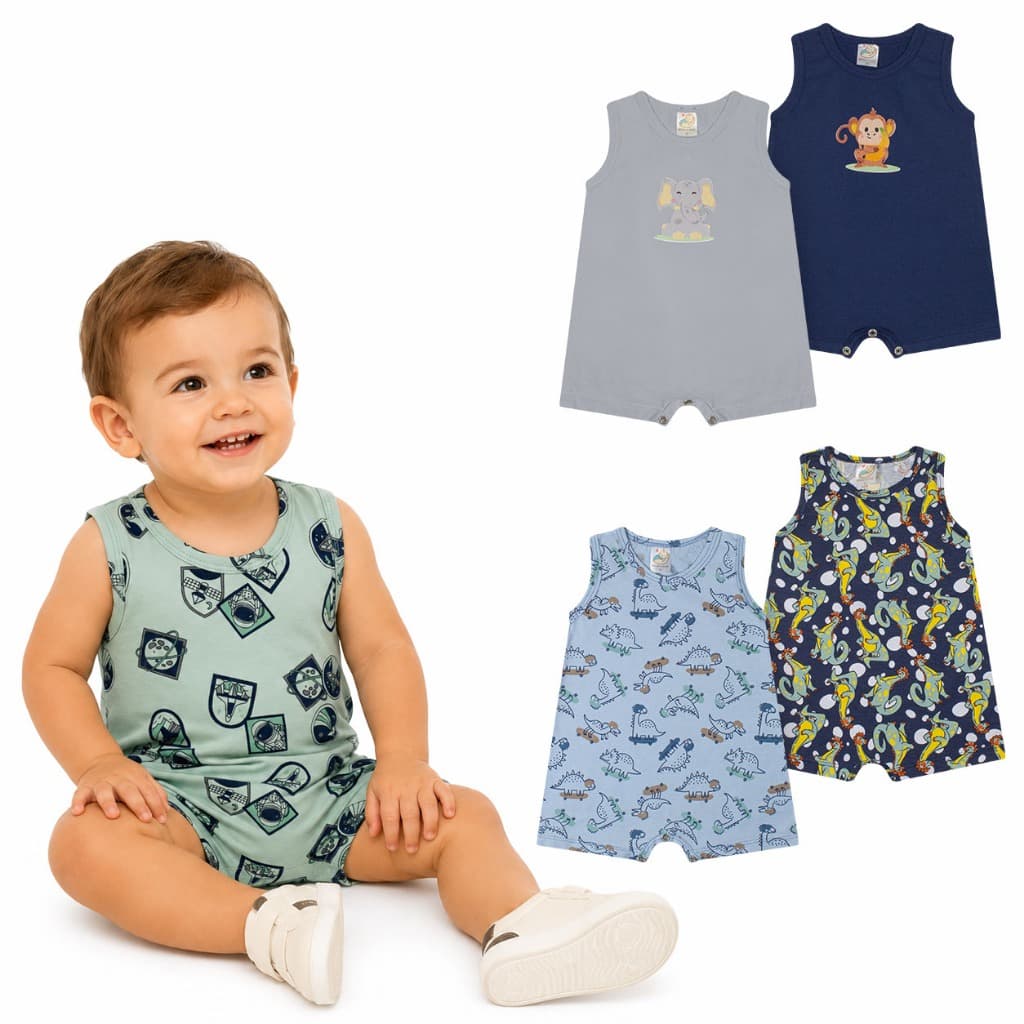 Kit 3 Peças Romper Infantil Regata Macaquinho Curto Menino Verão 100%Algodão  Peças P/M/G/GG/ 1ano