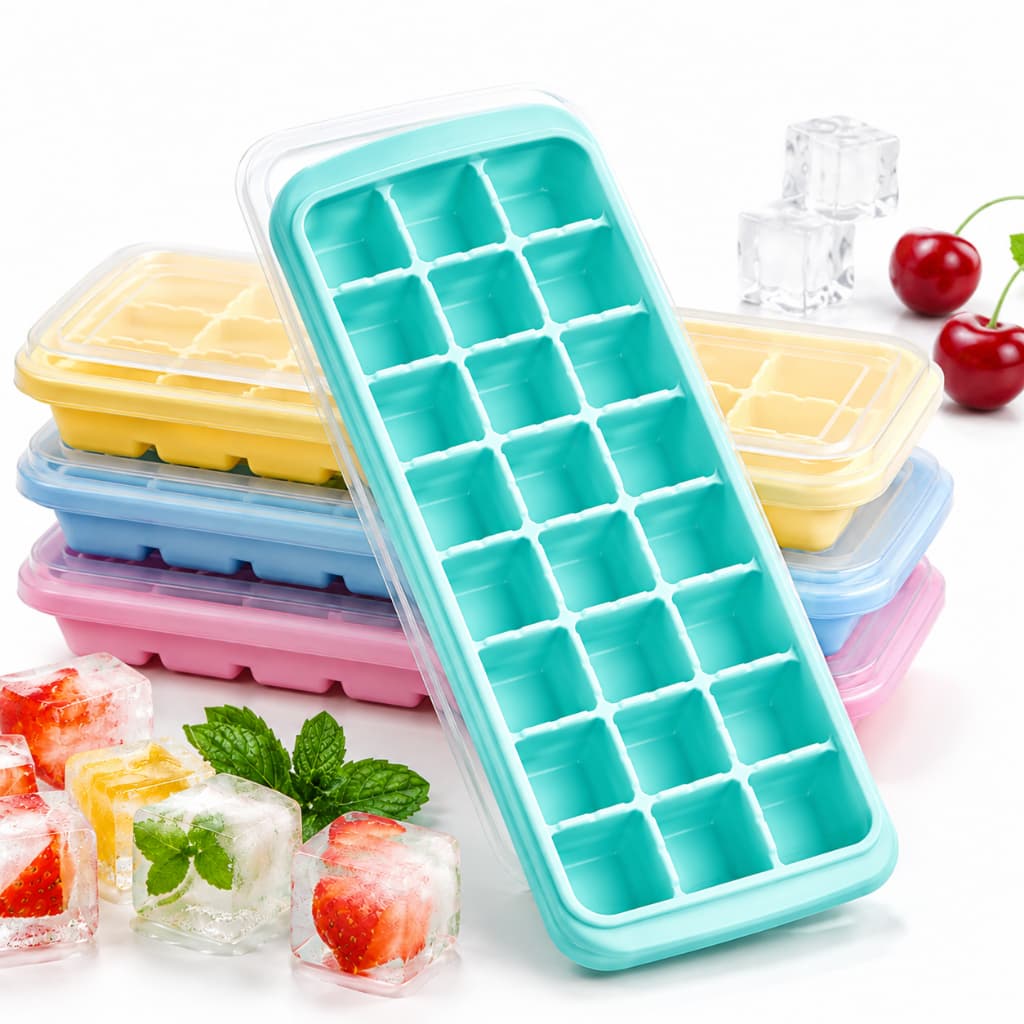 Kit 2 Formas de Gelo Silicone com Tampa Flexível Fácil de Desenformar Tampa Hermética Reutilizável