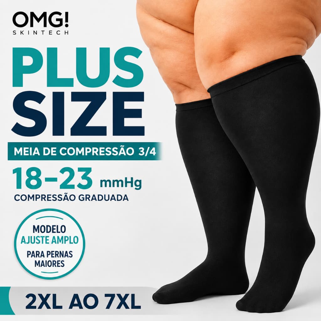 PAR de meias Compressão PLUS SIZE  3/4 (18-23mmHg) Para Idosos e Obesos com Varizes Trombose Edema e Perna Inchada - OMG