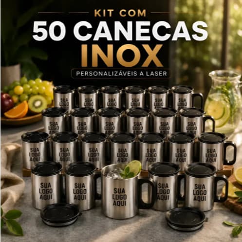 Kit 50 Canecas Inox Personalizável A Laser Com Tampa 180ml