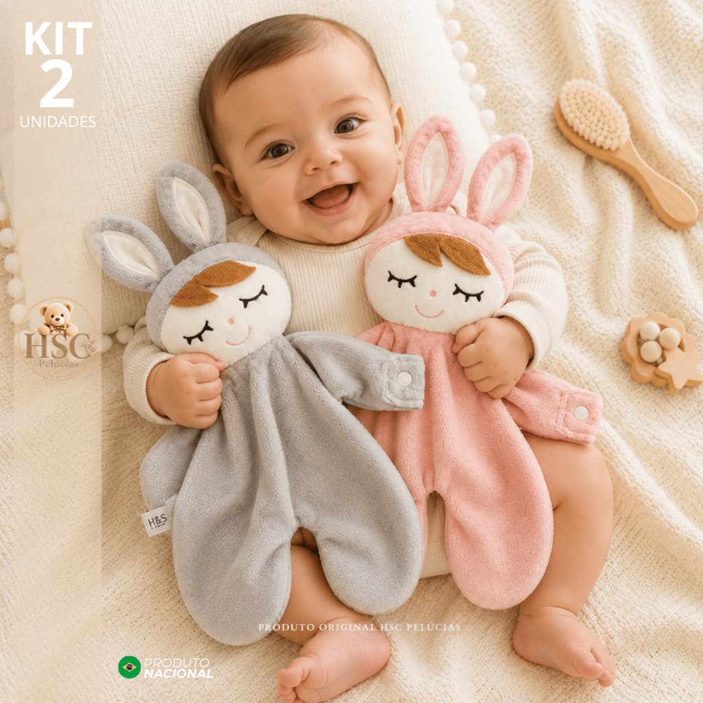KIT 2 NANINHAS l PANINHO DE APEGO NANAR CHEIRINHO BICHINHO COM PORTA CHUPETA COELHO l HSC