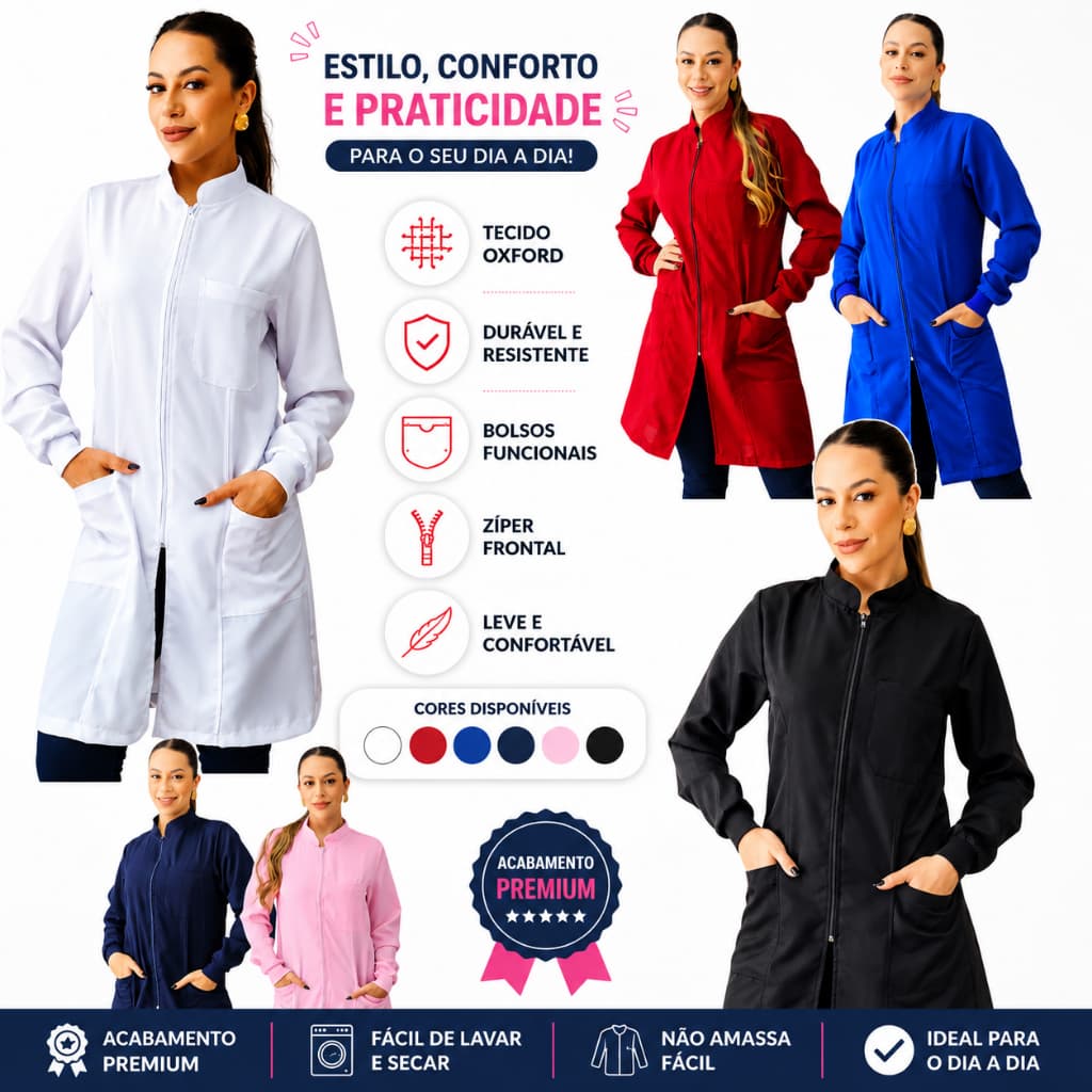 Jaleco Feminino Acinturado Oxford Manga Longa Com Zíper Gola Padre Várias Cores Estética Enfermagem