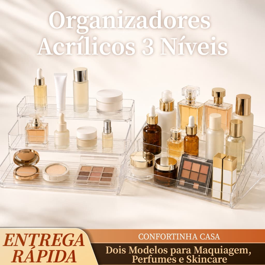 Organizador de Maquiagem Acrílico Transparente 3 Níveis Porta Cosméticos Perfumes Skincare 2 Modelos