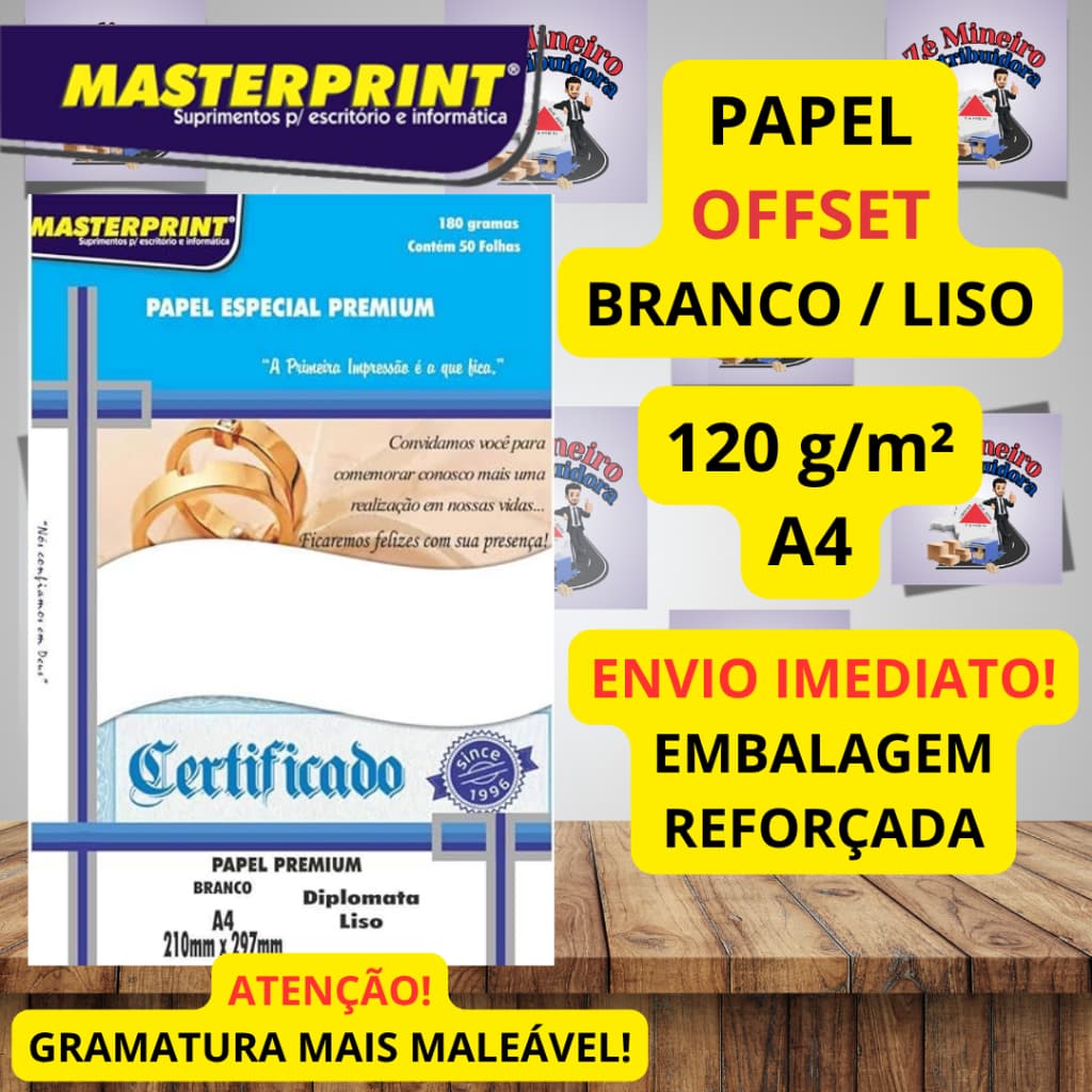 Papel Offset Sulfite Branco Liso 120g A4 Certificado Masterprint Gramatura Maleável Premium