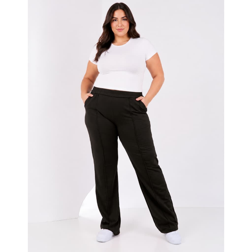 Calça Moletom Feminina Wide Leg Cintura Alta Com Bolso Pantalona Plus Size
