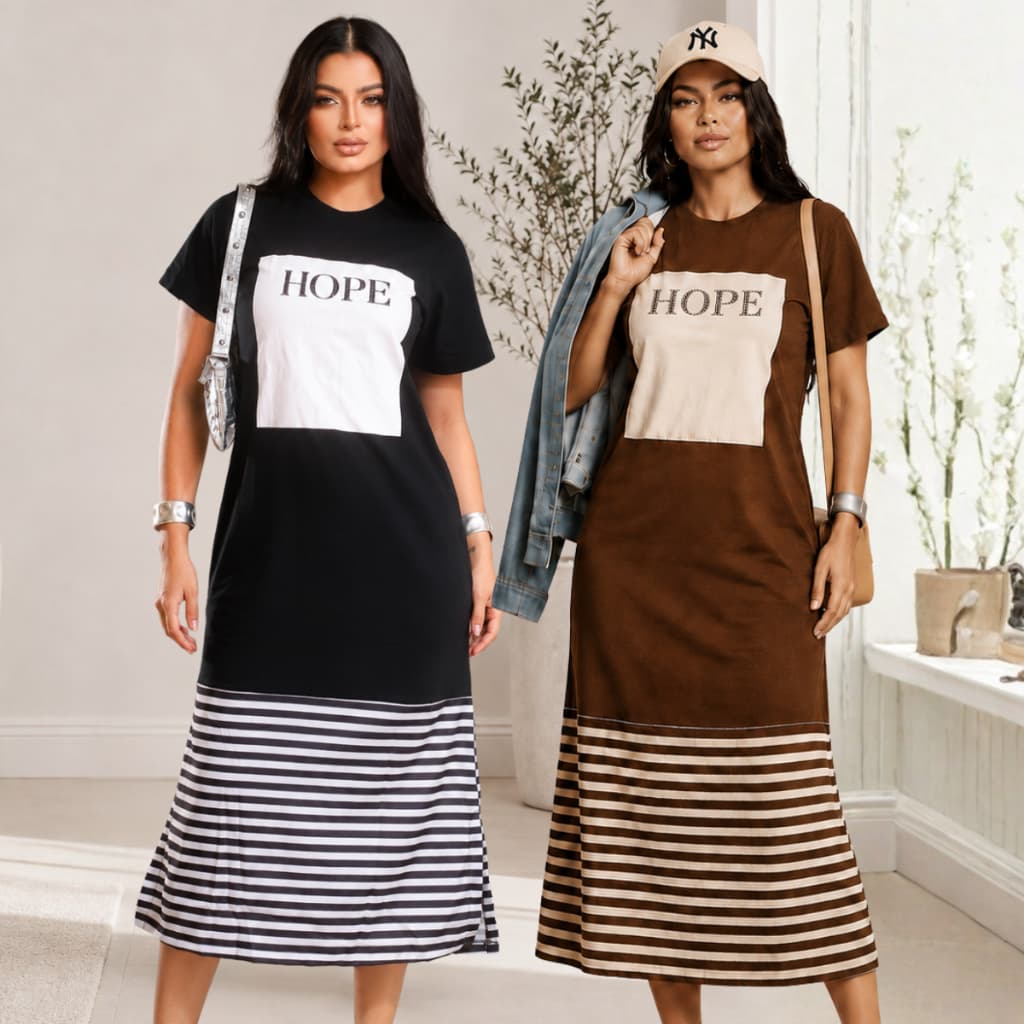 Vestido Midi Moda Evangélicos Listrado Strass Elegante Moda Casual Estampado Slik Soltinho Longo