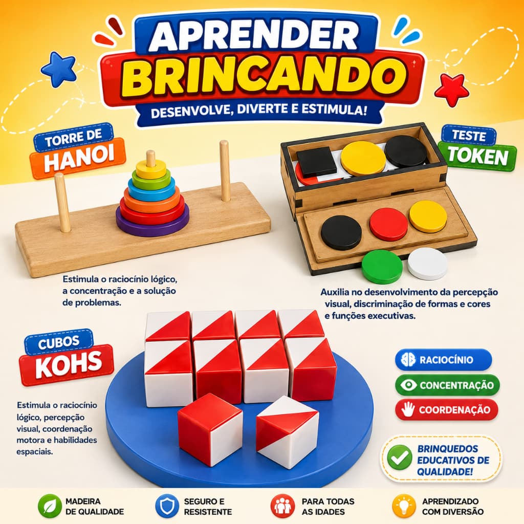 Kit Pedagógico CUBOS KOHS + TESTE TOKEN + TORRE DE HANÓI Brinquedos Educativos TDAH Infantil Adultos
