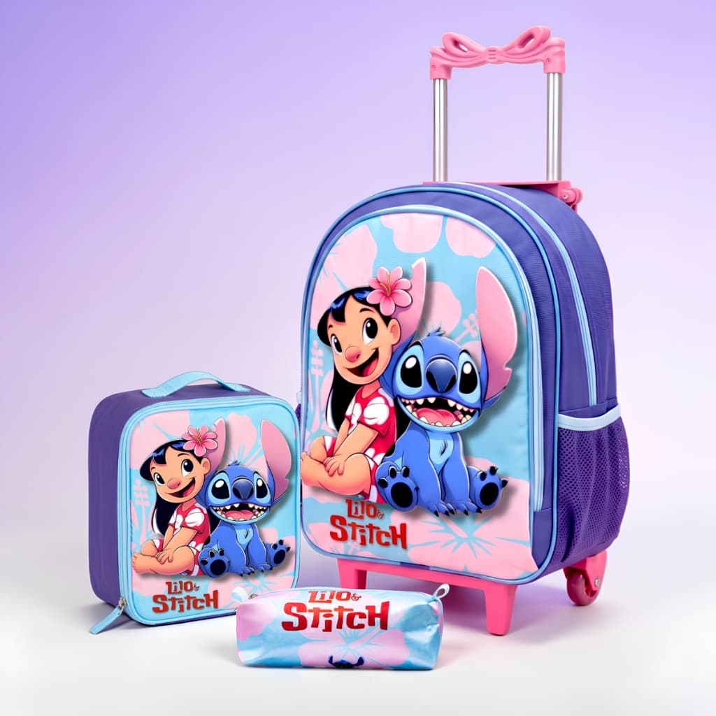 Kit Mochila Feminina com Rodinha Infantil Escolar  Lilo Stitch + lancheira Termica + Estojo Envio Imediato