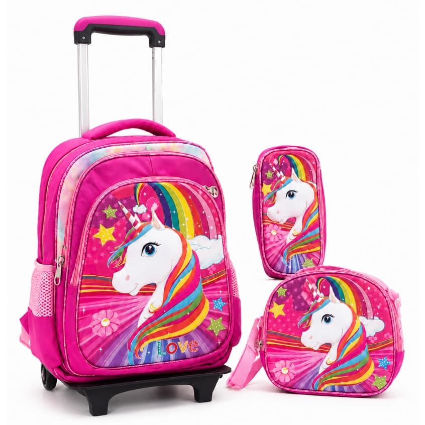 Kit Mochila De Rodinhas Estojo e Lancheira Térmica Mochila Escolar Menina Infantil Bolsa Grande Rosa Unicórnio