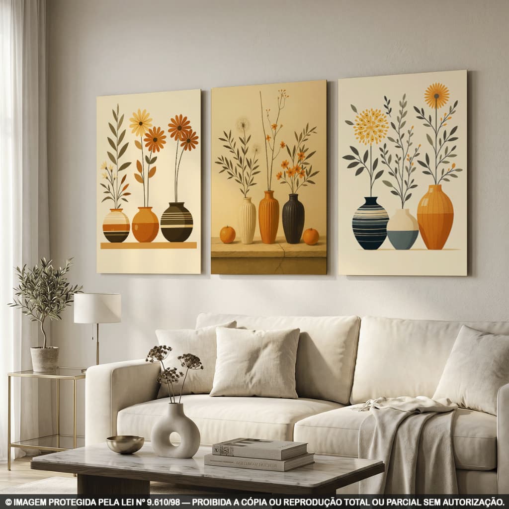 Kit 3 Quadros Decorativos Vasos com Flores – Arte Botânica Retrô em Tons Bege, Laranja e Marrom para Sala, Quarto e Escr